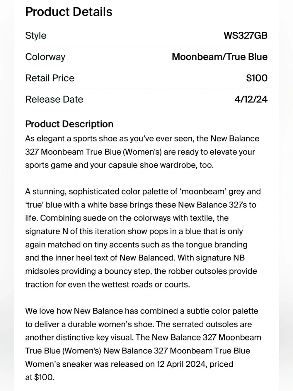 New Balance 327 Womens 7.5 Moonbeam/True Blue New without Box WS327GB TRIED ON.